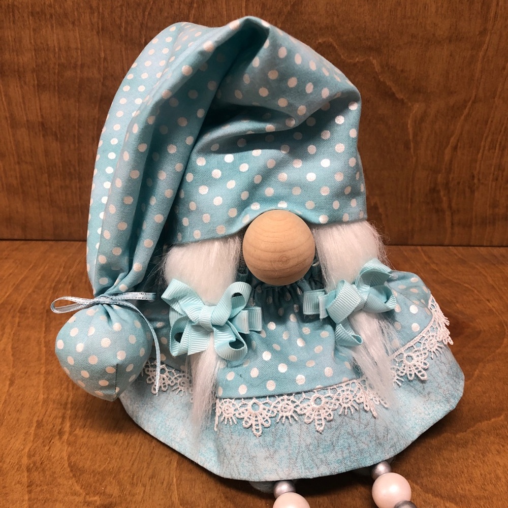 Aqua Gnome Cottage Style Beaded Legs Wool Pom Pom Lace Bow Feminine Gift Silver